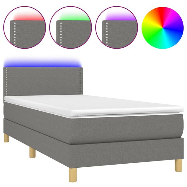 vidaXL Cama box spring c/ colch&atilde;o e LED 90x200 cm tecido cinza-escuro