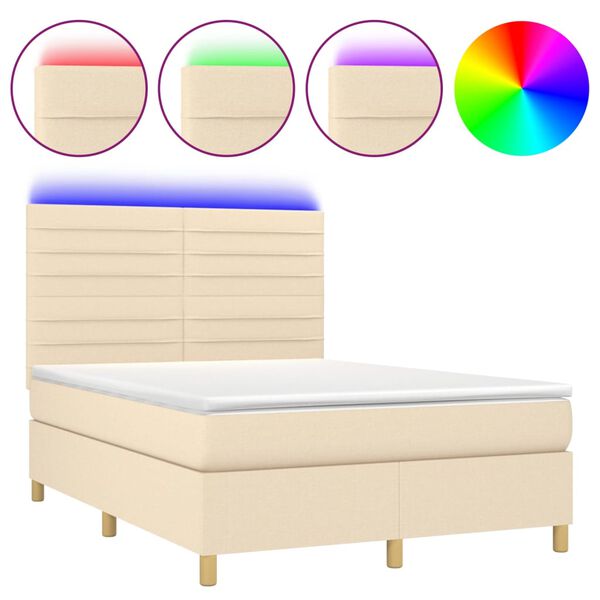 vidaXL Cama box spring c/ colch&atilde;o e LED 140x200 cm tecido cor creme