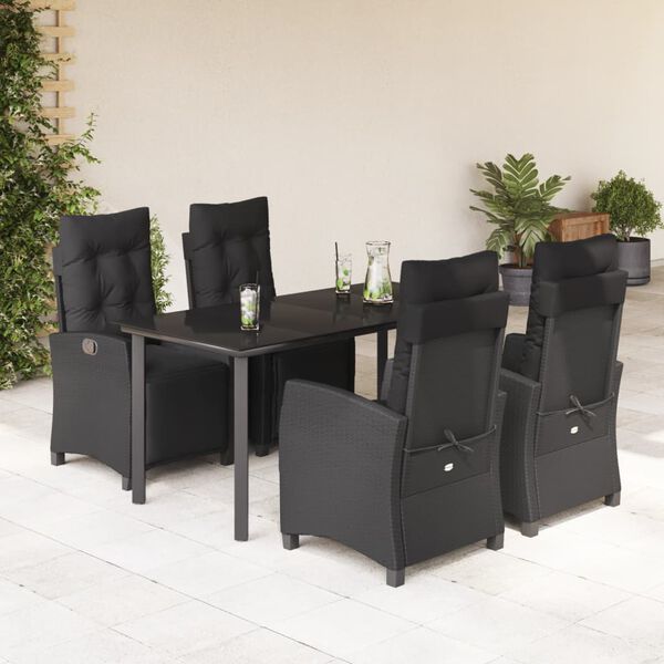 vidaXL 5 pcs conjunto de jantar p/ jardim c/ almofad&otilde;es vime PE preto