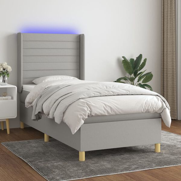 vidaXL Cama box spring c/ colch&atilde;o e LED 90x190 cm tecido cinza-claro