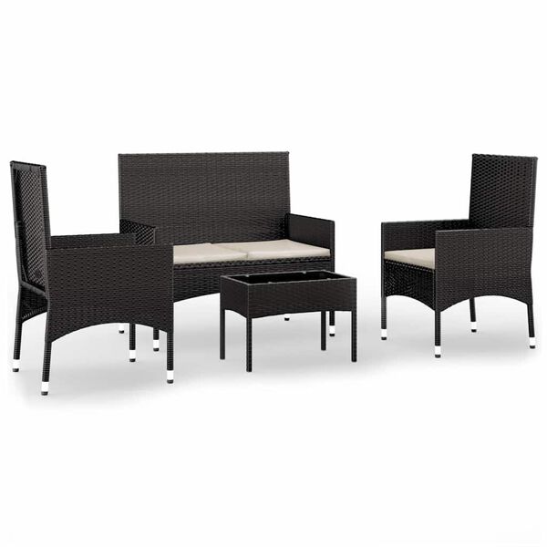 vidaXL 4 pcs conjunto lounge de jardim c/ almofad&otilde;es vime PE preto
