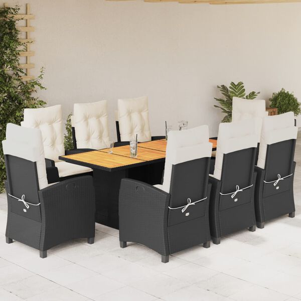 vidaXL 9 pcs conjunto de jantar p/ jardim c/ almofad&otilde;es vime PE preto