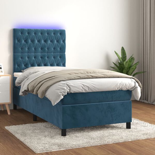 vidaXL Cama box spring c/ colch&atilde;o/LED 90x190 cm veludo azul-escuro