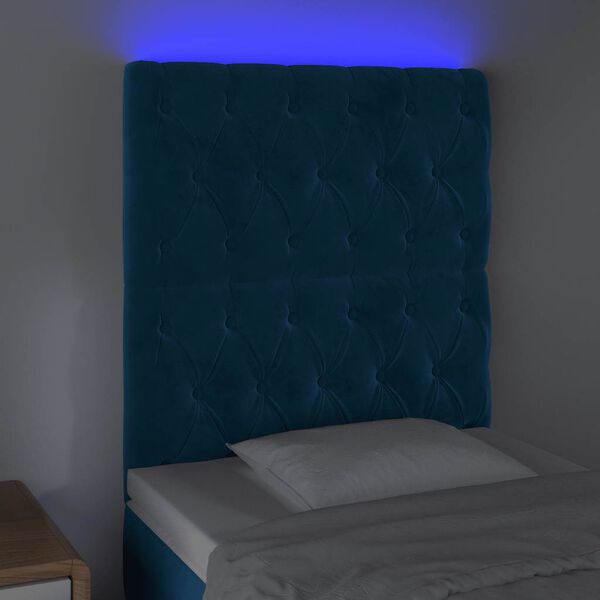 vidaXL Cabeceira cama c/ luzes LED veludo 80x7x118/128cm azul-escuro