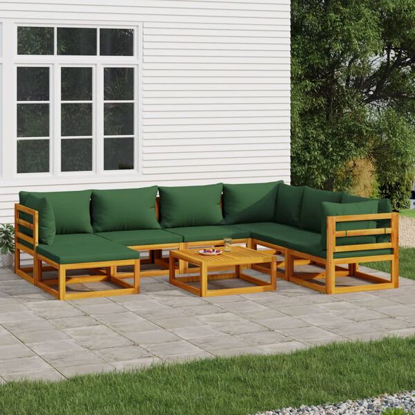 vidaXL 8 pcs conj. lounge jardim madeira c/almofadões verdes