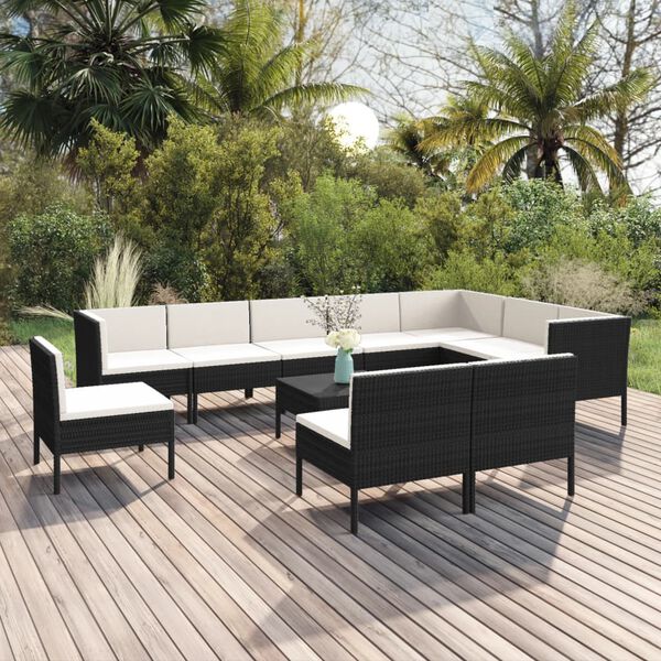 vidaXL 11 pcs conjunto lounge de jardim c/ almofad&otilde;es vime PE preto