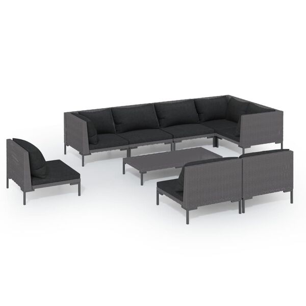 vidaXL 9 pcs conj. lounge jardim c/ almofad&otilde;es vime PE cinzento-escuro