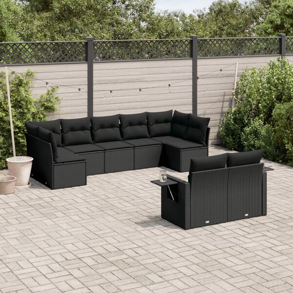 vidaXL 9 pcs conjunto de sof&aacute;s p/ jardim c/ almofad&otilde;es vime PE preto