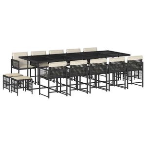 vidaXL 15 pcs conjunto de jantar p/jardim com almofad&otilde;es vime PE preto