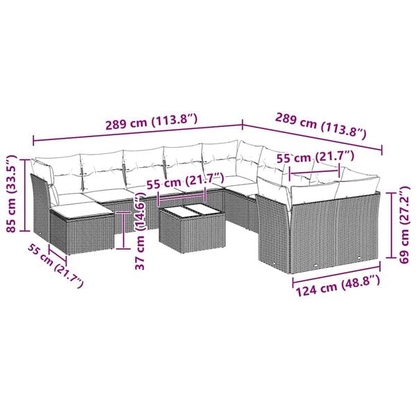 vidaXL 12 pcs conj. sof&aacute;s jardim com almofad&otilde;es vime PE cinzento-claro