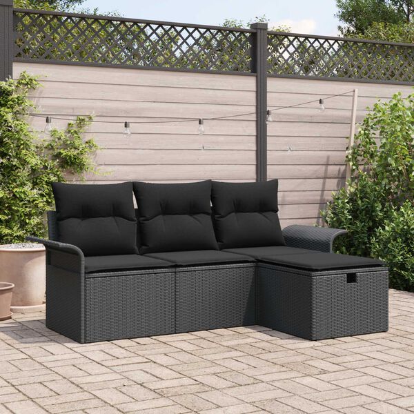 vidaXL Conjunto de Sof&aacute; de Jardim com almofada 4 pcs Preto vime PE