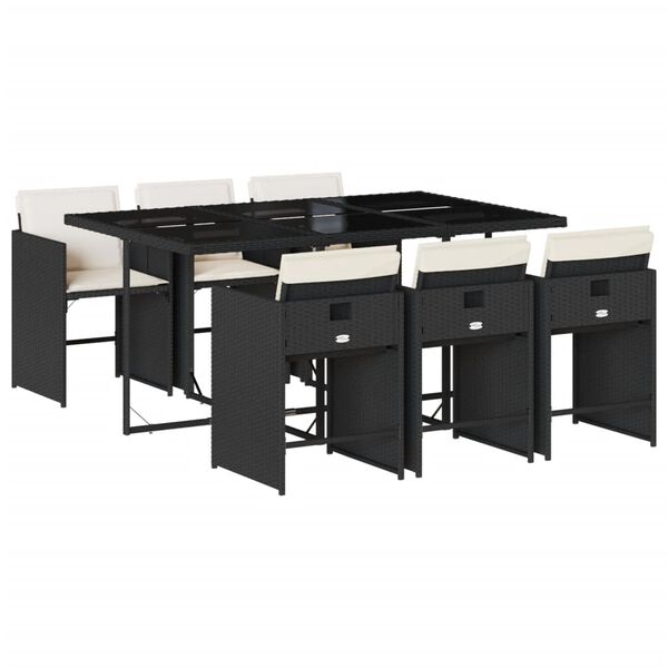 vidaXL 7 pcs conjunto de jantar p/ jardim c/ almofad&otilde;es vime PE preto