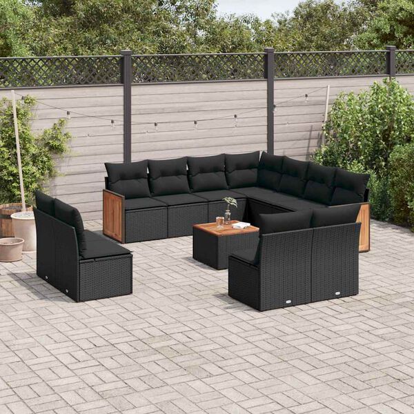 vidaXL 12 pcs conjunto de sof&aacute;s de jardim c/ almofad&otilde;es vime PE preto