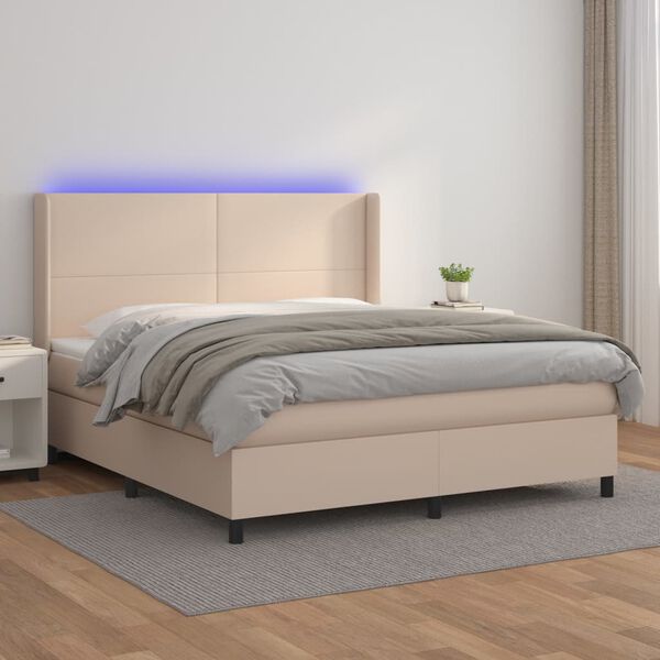vidaXL Cama box spring c/colch&atilde;o/LED 160x200cm couro artif. cappuccino