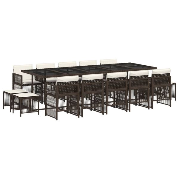 vidaXL 15 pcs conjunto jantar p/ jardim c/ almofad&otilde;es vime PE castanho