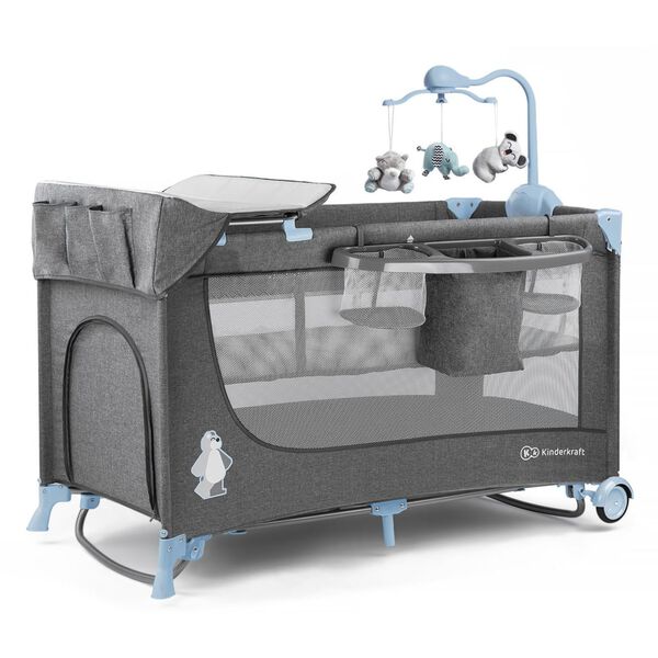 Kinderkraft Cama de beb&eacute; dobr&aacute;vel JOY com acess&oacute;rios azul e cinzento