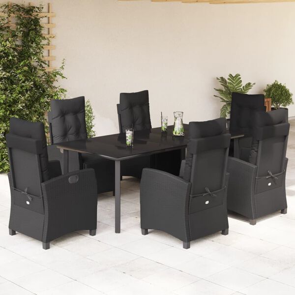 vidaXL 7 pcs conjunto de jantar p/ jardim c/ almofad&otilde;es vime PE preto