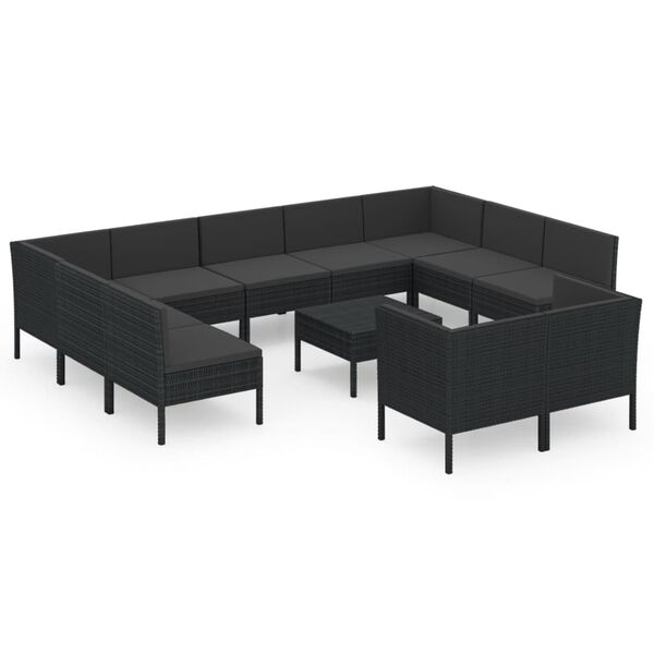 vidaXL 12 pcs conjunto lounge de jardim c/ almofad&otilde;es vime PE preto