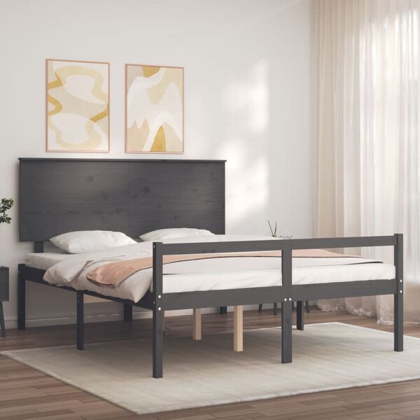 vidaXL Cama para idosos c/ cabeceira 160x200cm madeira maci&ccedil;a cinzento