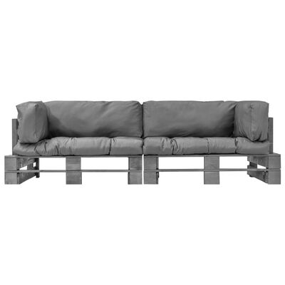 vidaXL Conj. sofá de paletes 2 pcs com almofadões cinzentos pinho