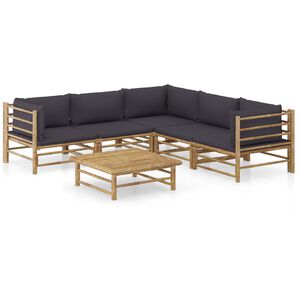 vidaXL 6 pcs conj. lounge jardim em bambu c/ almofad&otilde;es cinza-escuro