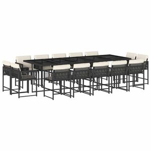 vidaXL 15 pcs conjunto de jantar p/jardim com almofad&otilde;es vime PE preto