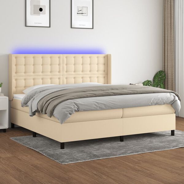 vidaXL Cama box spring c/ colch&atilde;o e LED 200x200 cm tecido cor creme