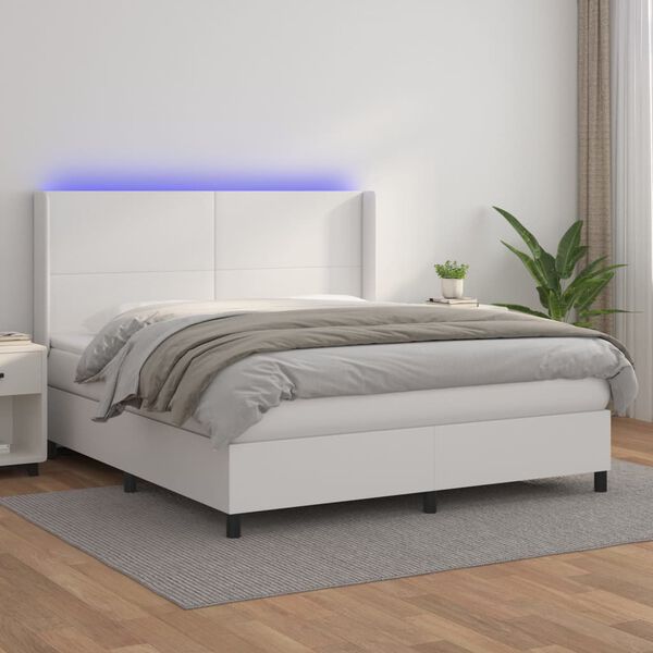 vidaXL Cama box spring c/colch&atilde;o/LED 160x200cm couro artificial branco