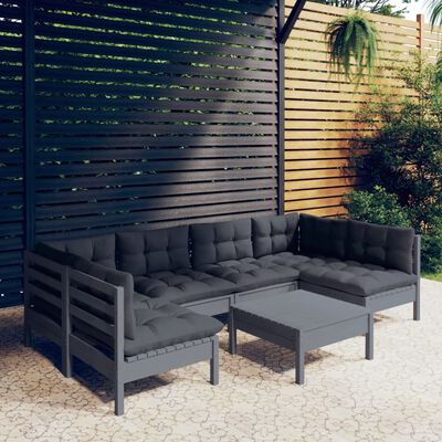 vidaXL 7 pcs conjunto lounge de jardim + almofadões pinho maciço cinza