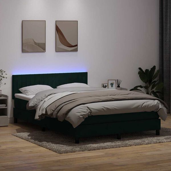 vidaXL Cama box spring c/ colch&atilde;o e LED 160x220 cm veludo verde-escuro