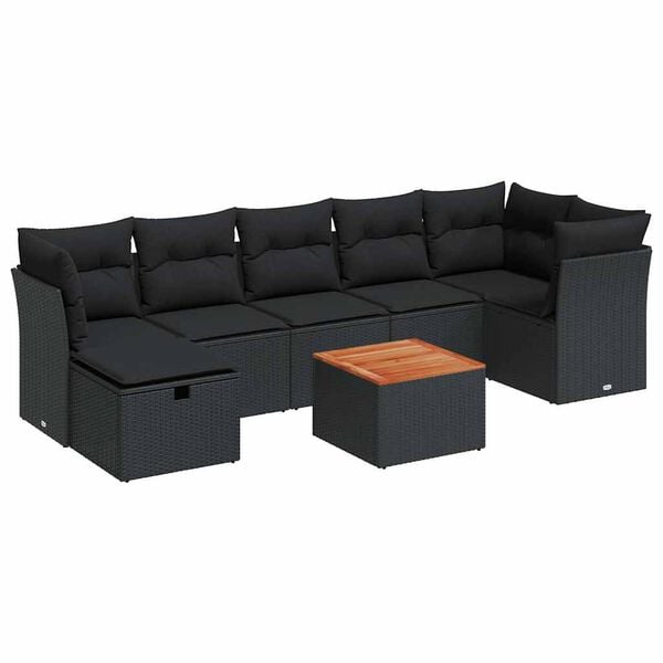 vidaXL 8 pcs conjunto sof&aacute;s de jardim com almofad&otilde;es vime PE preto