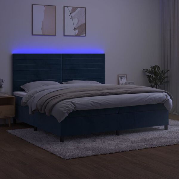 vidaXL Cama box spring c/ colch&atilde;o/LED 200x200 cm veludo azul-escuro