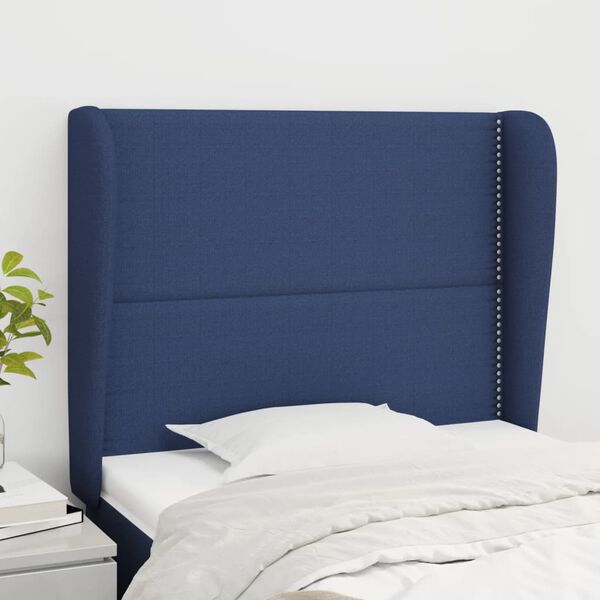 vidaXL Cabeceira de cama c/ abas tecido 103x23x118/128 cm azul