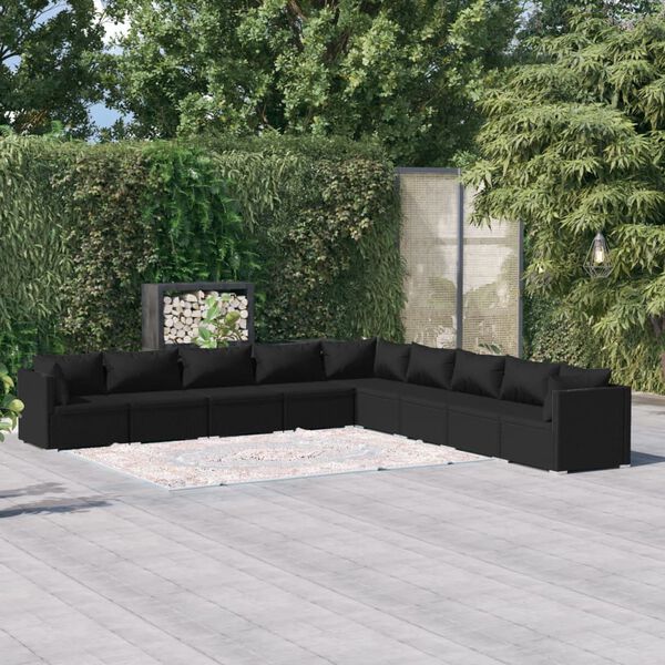 vidaXL 9 pcs conjunto lounge de jardim c/ almofad&otilde;es vime PE preto