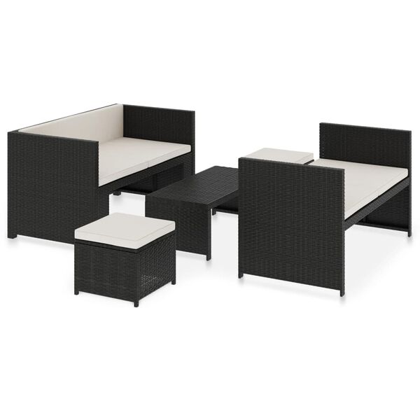vidaXL 5 pcs conjunto lounge de jardim c/ almofadões vime PE preto