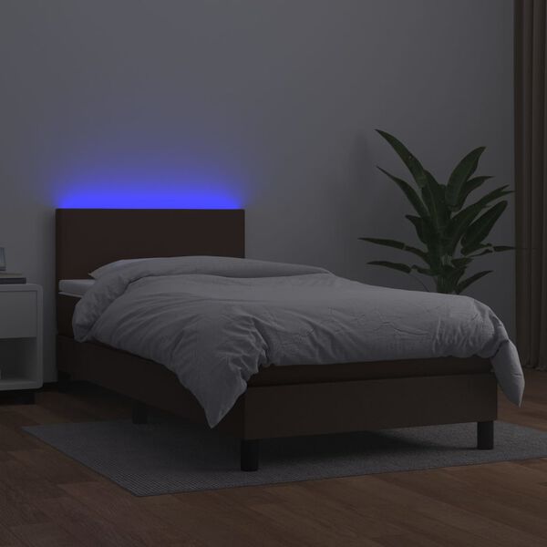 vidaXL Cama box spring c/ colch&atilde;o/LED 100x200 cm couro artif. castanho