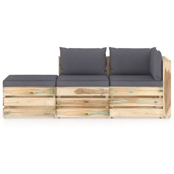 vidaXL 3 pcs conj. lounge jardim c/ almofad&otilde;es madeira impreg. verde