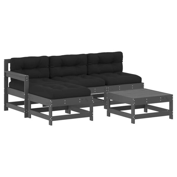 vidaXL 5pcs conjunto lounge jardim com almofadões madeira maciça cinza