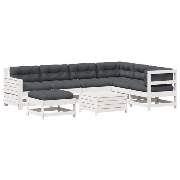 vidaXL 8 pcs conj. lounge de jardim c/ almofad&otilde;es pinho maci&ccedil;o branco