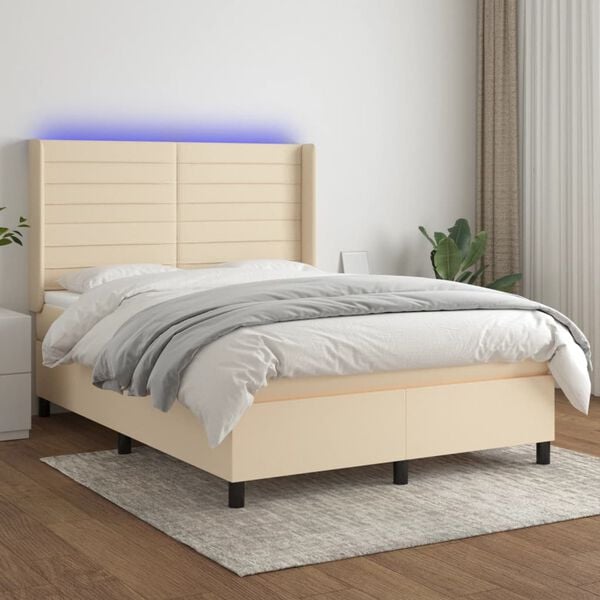 vidaXL Cama box spring c/ colch&atilde;o e LED 140x200 cm tecido cor creme