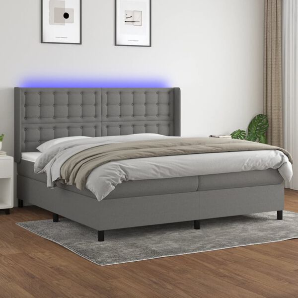 vidaXL Cama box spring c/ colch&atilde;o e LED 200x200 cm tecido cinza-escuro