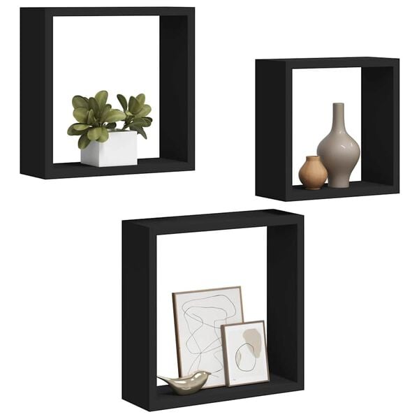 vidaXL Prateleiras de parede em forma de cubo 3 pcs MDF preto