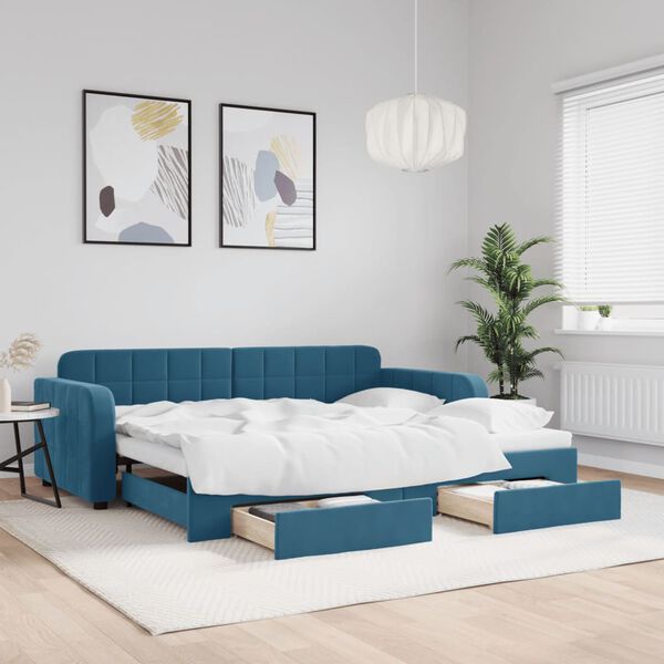 vidaXL Sof&aacute;-cama com gavet&atilde;o e gavetas 90x200 cm veludo azul