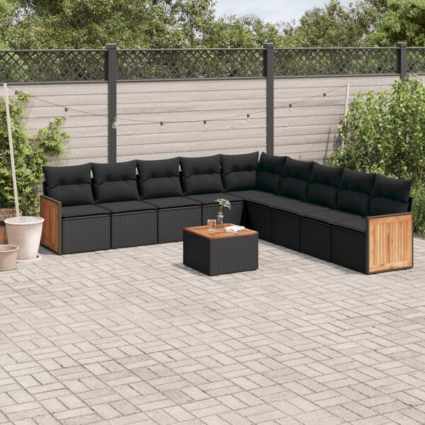 vidaXL 10 pcs conjunto sof&aacute;s de jardim c/ almofad&otilde;es vime PE preto