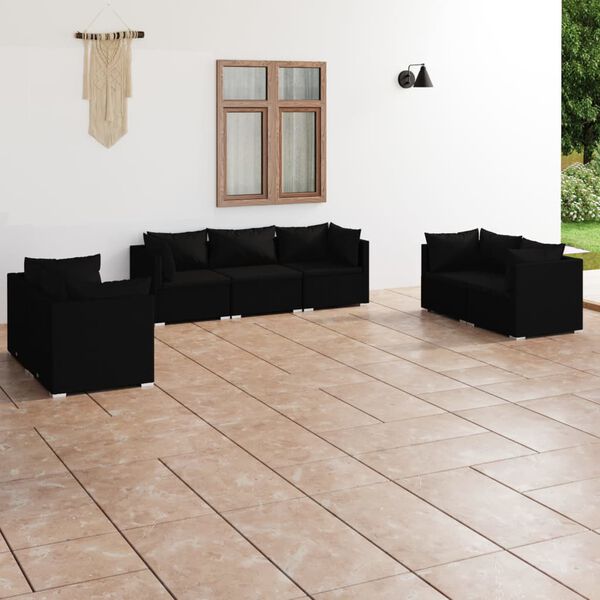 vidaXL 7 pcs conjunto lounge de jardim c/ almofad&otilde;es vime PE preto