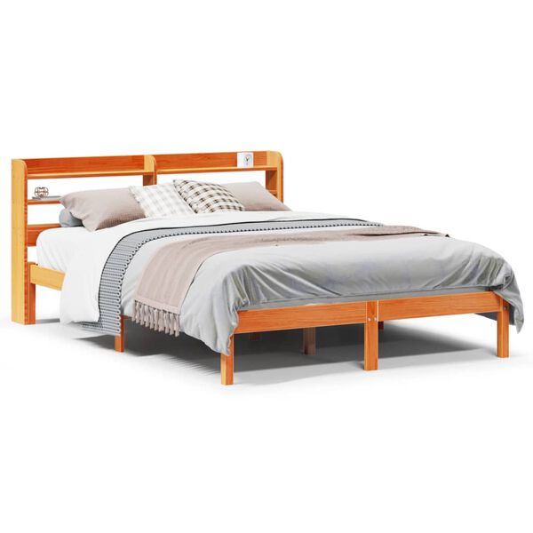vidaXL Estrutura cama c/ cabeceira 140x190cm pinho maci&ccedil;o castanho-mel