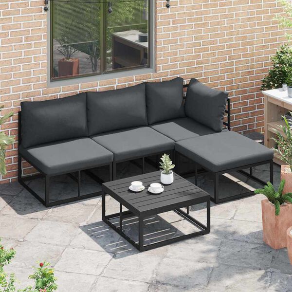 vidaXL Conjunto de Sof&aacute; de Jardim com almofada 5 pcs Preto Alum&iacute;nio
