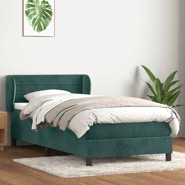 vidaXL Cama com molas/colch&atilde;o 90x220 cm veludo verde-escuro