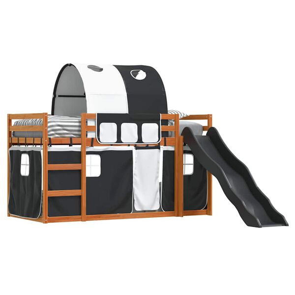 vidaXL Beliche com escorrega e cortinas 90x200 cm branco e preto