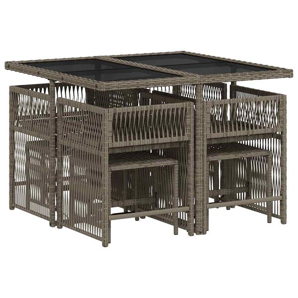 vidaXL 9 pcs conjunto de jantar p/ jardim c/ almofad&otilde;es vime PE cinza